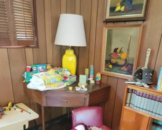 vintage toys, lamp, books, furniture