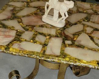 Hollywood Regency Gold Iron Scroll Agate Stone Specimen Resin Top