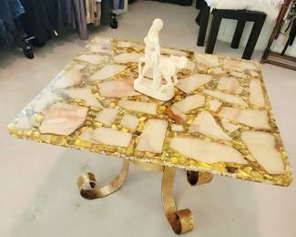 Hollywood Regency Gold Iron Scroll Agate Stone Specimen Resin Top