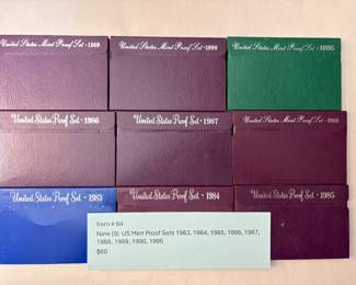Item # 64 : Nine (9) US Mint Proof Sets 1983, 1984, 1985, 1986, 1987, 1988, 1989, 1990, 1995 $60.00