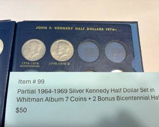 Item # 99 : Partial 1964-1969 Silver Kennedy Half Dollar Set in Whitman Album 7 Coins + 2 Bonus Bicentennial Halfs $50.00
