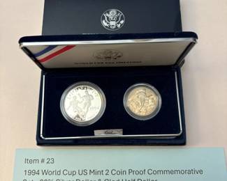 Item # 23 : 1994 World Cup US Mint 2 Coin Proof Commemorative Set - 90% Silver Dollar & Clad Half Dollar $35.00