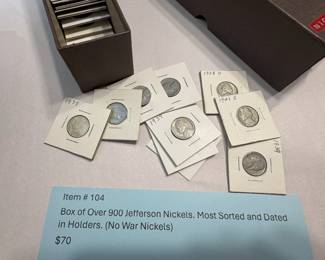 Item # 104 : Box of Over 900 Jefferson Nickels. Most Sorted and Dated in Holders. (No War Nickels) $70.00