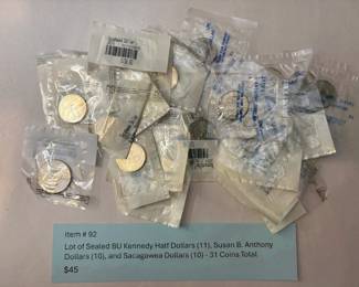 Item # 92 : Lot of Sealed BU Kennedy Half Dollars (11), Susan B. Anthony Dollars (10), and Sacagawea Dollars (10) - 31 Coins Total $45.00