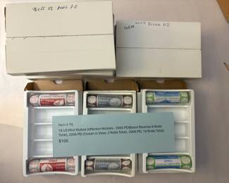 Item # 79 : 18 US Mint Rolled Jefferson Nickels - 2005 PD(Bison Reverse 6 Rolls Total), 2005 PD (Ocean in View, 2 Rolls Total), 2006 PD, 10 Rolls Total) $100.00