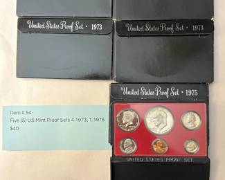 Item # 54 : Five (5) US Mint Proof Sets 4-1973, 1-1975 $40.00