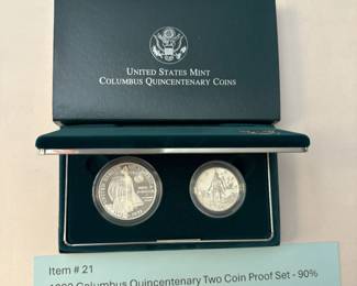 Item # 21 : 1992 Columbus Quincentenary Two Coin Proof Set - 90% Silver Dollar & Clad Half-Dollar $35.00