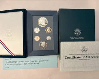 Item # 11 : 1990 Prestige US Mint Silver Proof Set - Eisenhower Centennial (includes 90% Silver Dollar) $40.00