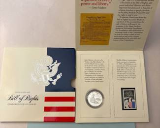 Item # 37 : 1993 US Mint Bill of Rights Proof 90% Silver Half Dollar w/ 1989 Commemorative Postage Stamp $20.00