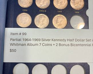 Item # 99 : Partial 1964-1969 Silver Kennedy Half Dollar Set in Whitman Album 7 Coins + 2 Bonus Bicentennial Halfs $50.00