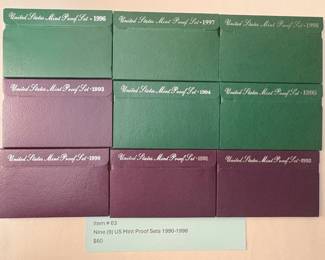 Item # 63 : Nine (9) US Mint Proof Sets 1990-1998 $60.00