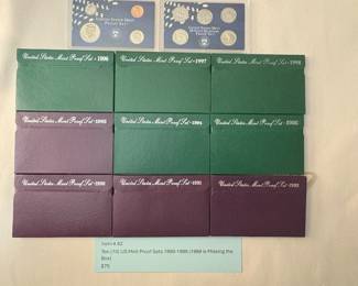 Item # 62 : Ten (10) US Mint Proof Sets 1990-1999 (1999 is Missing the Box) $75.00
