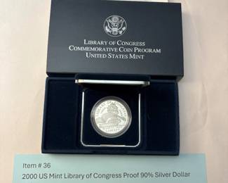 Item # 36 : 2000 US Mint Library of Congress Proof 90% Silver Dollar Coin $30.00