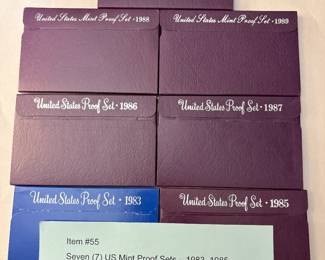 Item # 55 : Seven (7) US Mint Proof Sets 1983, 1985, 1986, 1987, 1988, 1989,1990 $50.00
