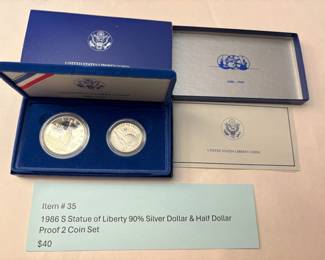 Item # 35 : 1986 S Statue of Liberty 90% Silver Dollar & Half Dollar Proof 2 Coin Set $40.00