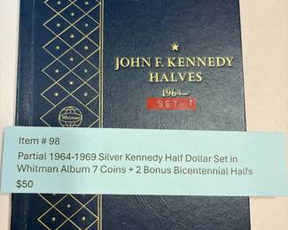 Item # 98 : Partial 1964-1969 Silver Kennedy Half Dollar Set in Whitman Album 7 Coins + 2 Bonus Bicentennial Halfs $50.00