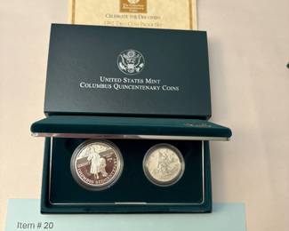 Item # 20 : 1992 Columbus Quincentenary Two Coin Proof Set - 90% Silver Dollar & Clad Half-Dollar $35.00