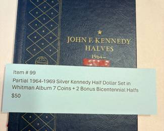 Item # 99 : Partial 1964-1969 Silver Kennedy Half Dollar Set in Whitman Album 7 Coins + 2 Bonus Bicentennial Halfs $50.00