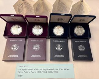 Item # 33 : Four (4) US Mint American Eagle One Ounce Proof 99.9% Silver Bullion Coins 1990, 1993, 1996, 1996 $180.00