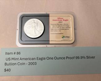 Item # 86 : US Mint American Eagle One Ounce Proof 99.9% Silver Bullion Coin - 2003 $40.00