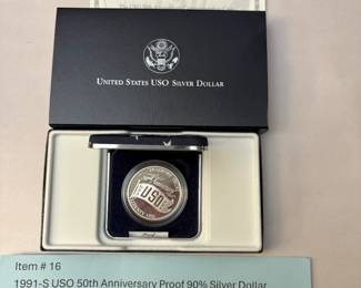 Item # 16 : 1991 S USO 50th Anniversary Proof 90% Silver Dollar $30.00