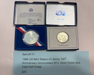 Item # 111 : 1986 US Mint Statue of Liberty 100th Anniversary Uncirculated 90% Silver Dollar plus Clad Half Dollar $35.00