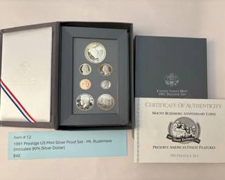 Item # 12 : 1991 Prestige US Mint Silver Proof Set - Mt. Rushmore (includes 90% Silver Dollar) $40.00