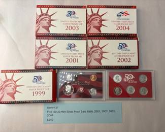 Item # 51 : Five (5) US Mint Silver Proof Sets 1999, 2001, 2002, 2003, 2004 $240.00