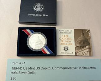 Item # 41 : 1994-D US Mint US Capitol Commemorative Uncirculated 90% Silver Dollar $30.00