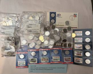 Item # 88 : State Quarter and Stamp Lot - 212 Quarters + 30 US Postal Stamps. Most Sealed or Encapsulated $75.00
