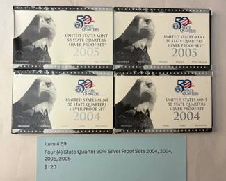 Item # 59 : Four (4) State Quarter 90% Silver Proof Sets 2004, 2004, 2005, 2005 $120.00