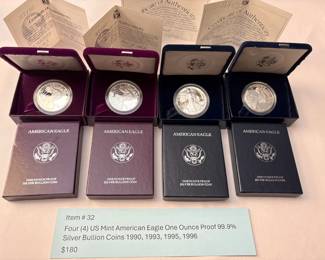 Item # 32 : Four (4) US Mint American Eagle One Ounce Proof 99.9% Silver Bullion Coins 1990, 1993, 1995, 1996 $180.00