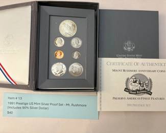 Item # 13 : 1991 Prestige US Mint Silver Proof Set - Mt. Rushmore (includes 90% Silver Dollar) $40.00