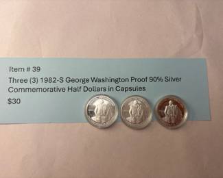 Item # 39 : Three (3) 1982-S George Washington Proof 90% Silver Commemorative Half Dollars in Capsules $30.00