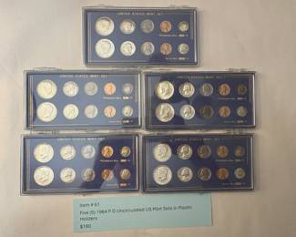 Item # 61 : Five (5) 1964 P D Uncirculated US Mint Sets in Plastic Holders $180.00