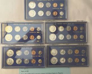 Item # 60 : Five (5) 1964 P D Uncirculated US Mint Sets in Plastic Holders $180.00
