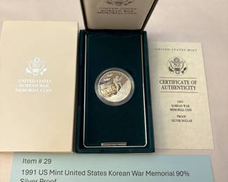 Item # 29 : 1991 US Mint United States Korean War Memorial 90% Silver Proof $30.00