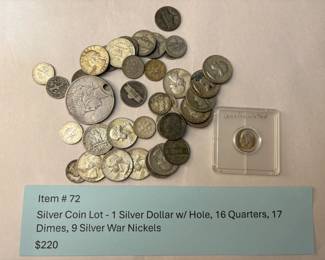 Item # 72 : Silver Coin Lot - 1 Silver Dollar w/ Hole, 16 Quarters, 17 Dimes, 9 War Nickels $220.00