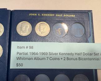 Item # 98 : Partial 1964-1969 Silver Kennedy Half Dollar Set in Whitman Album 7 Coins + 2 Bonus Bicentennial Halfs $50.00