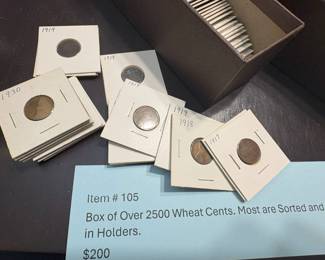 Item # 105 : Box of Over 2500 Wheat Cents. Most are Sorted and Dated in Holders. $200.00