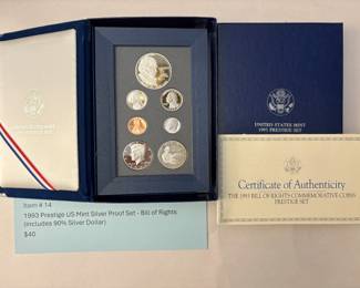Item # 14 : 1993 Prestige US Mint Silver Proof Set - Bill of Rights (includes 90% Silver Dollar) $40.00