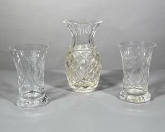 (3pc) Crystal Pieces | Heavy cut crystal vase and two matching etched crystal classes. - h. 7 x dia. 4 in (Vase)