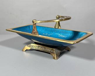 PAINTED BRASS DECORATIVE BASKET | Paint decorated brass basket with handle, painted fruit & “Israel” painted on center - h. 7 x w. 5 x l. 9.25 in (with handle)