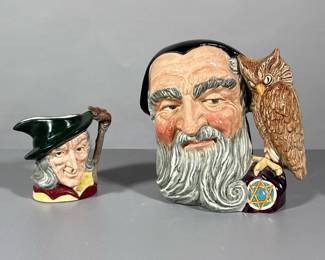 (2pc) ROYAL DOULTON TOBY JUGS | Including: large Merlin D 6529 and Pied Piper D 6462 - h. 8 x w. 8 x d. 5 in (Merlin)