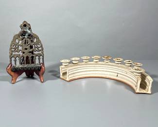 (2pc) MENORAHS | Including antique bronze hanging menorah, and curved ceramic menorah - h. 2.5 x w. 4.5 x l. 13 in
