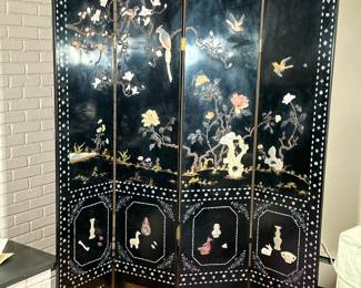 ASIAN FLOOR SCREEN | Having inlaid Pearl border, with carved stone bird, flower, and other decorative relief - h. 72 x w. 16 in (each panel)