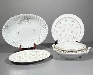 (4pc) Serving Pieces | 3 Limoges white plates/platters with delicate flowers. Compatible tureen with handles and gold trim. - w. 10 x l. 14 in (Largest platter)