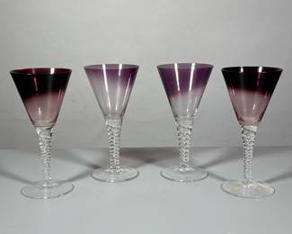 (4pc) PURPLE GLASS WINE GLASSES | Including: pair of purple glass wine glass & pair of purple glass water goblets with twisted stem - h. 8.25 x dia. 4 in
