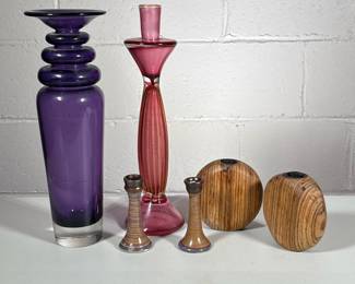 (6pc) Assorted Candle Holders | Including pair of MCM, round wooden holders, pair of small ceramic holders, one cranberry colored blown glass, and tall purple mid-century modern hand-blown glass candle holder. - h. 13 x dia. 4.5 in (Purple)