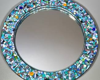 Mirror | Mosaic mirror with cut glass pieces and stone accents. - dia. 24 in